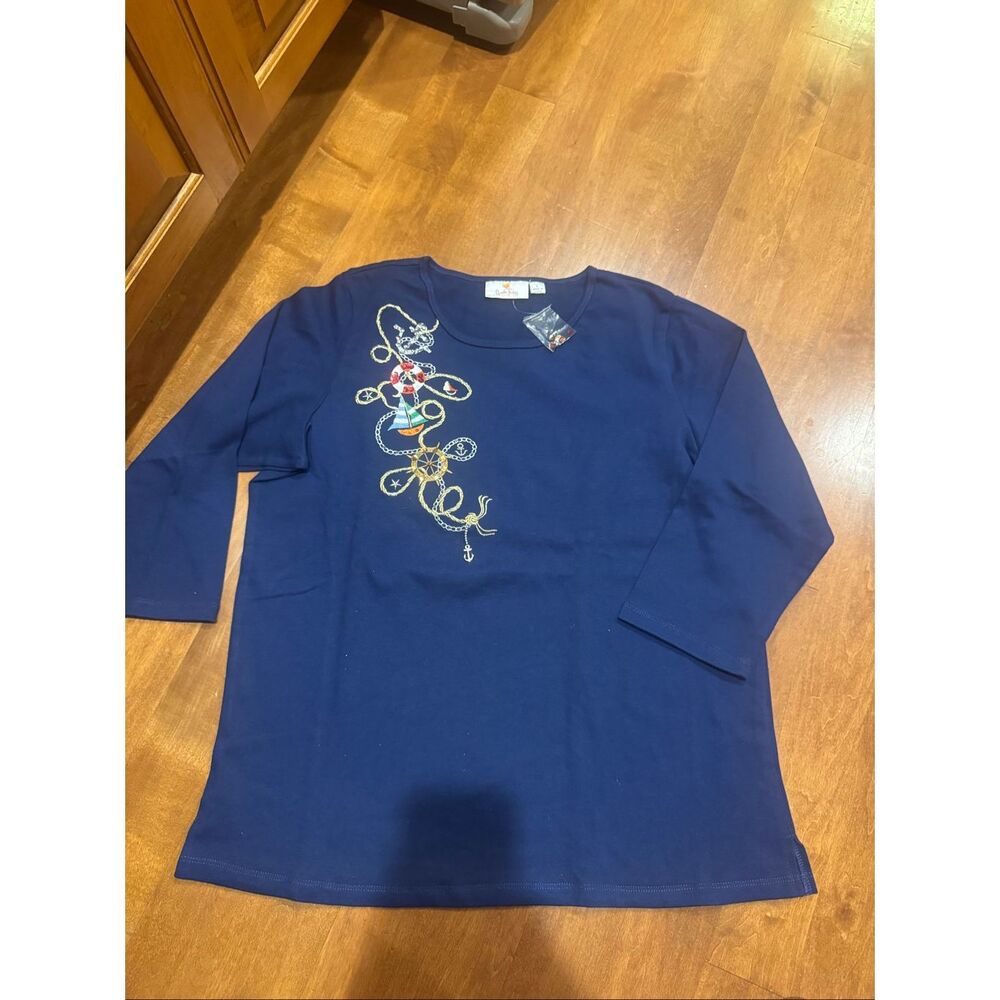 Vintage Quacker Factory NWT Nautical Embellished Top Size L Blue 3/4 Sleeve